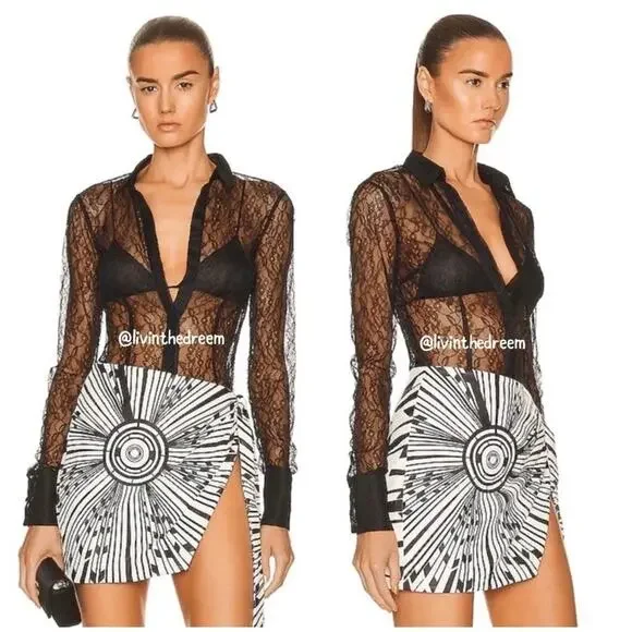 LAQUAN SMITH Lace Button Down Shirt SZ L $495 - Picture 4 of 16